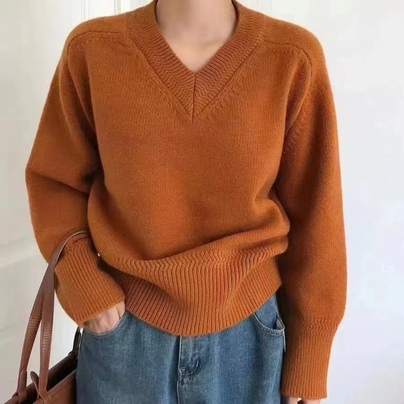 Ženski pleteni pulover za jesen/zimu s V izrezom, opuštena silueta, korejski stil, kašmir mješavina, plus veličina