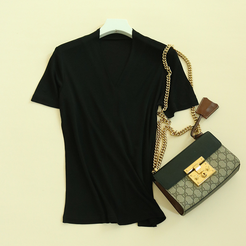 Mulberry svileni T-shirt s V-izrezom, kratkim rukavima, ležerni kroj, duljina 50-65 cm