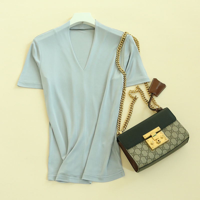 Mulberry svileni T-shirt s V-izrezom, kratkim rukavima, ležerni kroj, duljina 50-65 cm