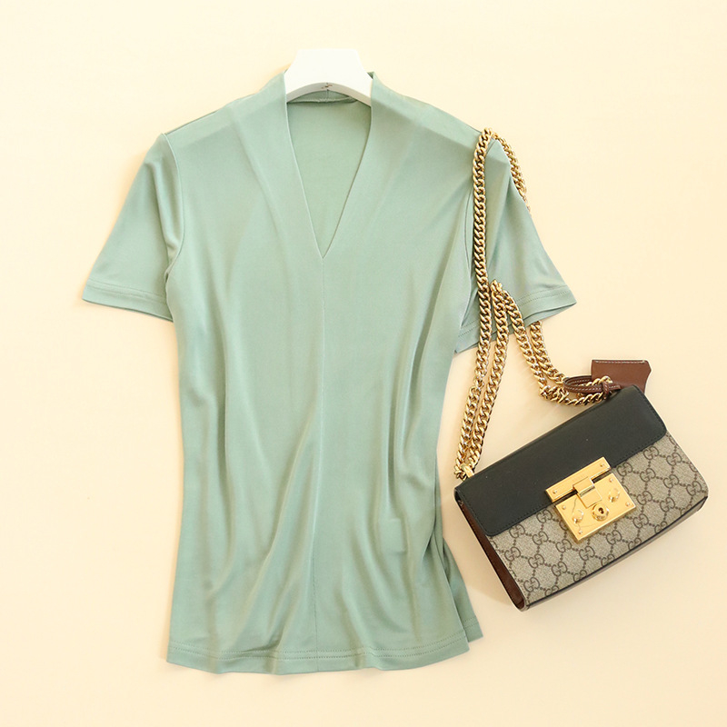 Mulberry svileni T-shirt s V-izrezom, kratkim rukavima, ležerni kroj, duljina 50-65 cm