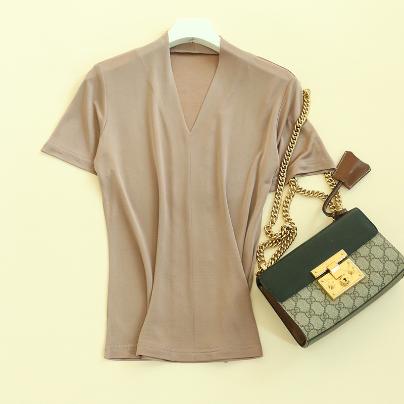 Mulberry svileni T-shirt s V-izrezom, kratkim rukavima, ležerni kroj, duljina 50-65 cm