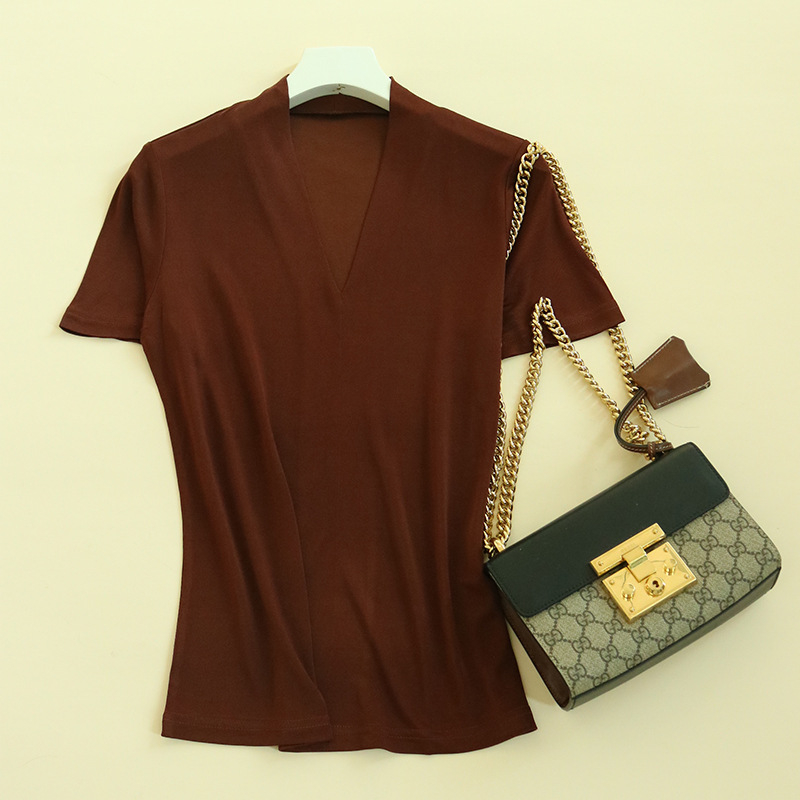 Mulberry svileni T-shirt s V-izrezom, kratkim rukavima, ležerni kroj, duljina 50-65 cm