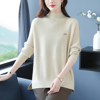 Дамски пуловер с полу‑висока яка, дебела плетка, модел райета/каре, свободен силует, смес вискоза-полиестер