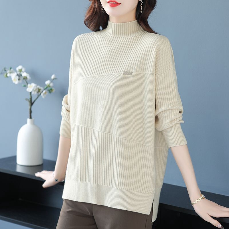 Дамски пуловер с полу‑висока яка, дебела плетка, модел райета/каре, свободен силует, смес вискоза-полиестер