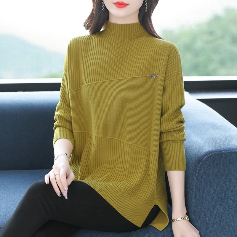 Дамски пуловер с полу‑висока яка, дебела плетка, модел райета/каре, свободен силует, смес вискоза-полиестер