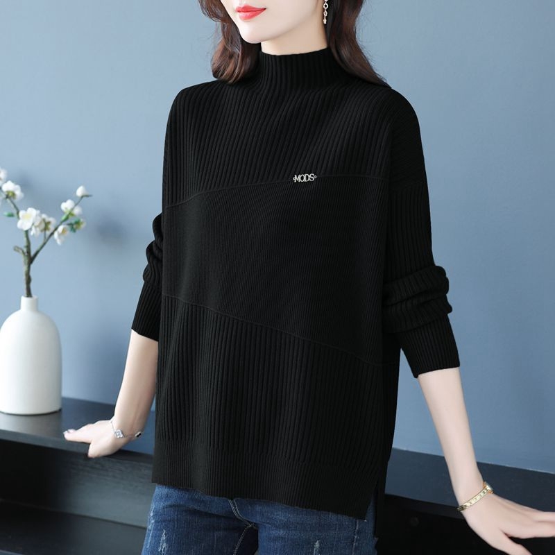 Дамски пуловер с полу‑висока яка, дебела плетка, модел райета/каре, свободен силует, смес вискоза-полиестер