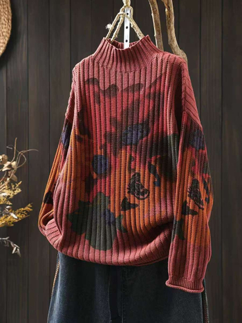Pamukasti pleteni džemper slobodnog kroja s poluturtleneck ovratnikom, raglan rukavima, apstraktni uzorak