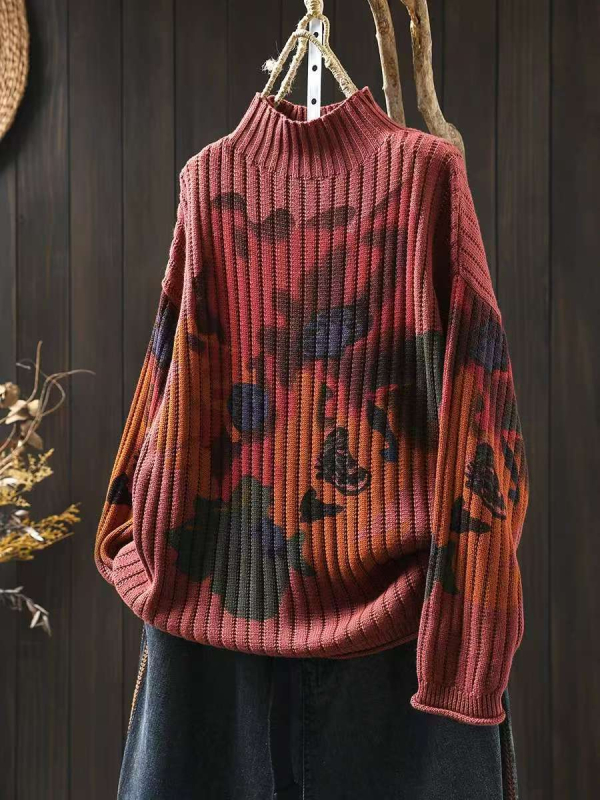 Pamukasti pleteni džemper slobodnog kroja s poluturtleneck ovratnikom, raglan rukavima, apstraktni uzorak