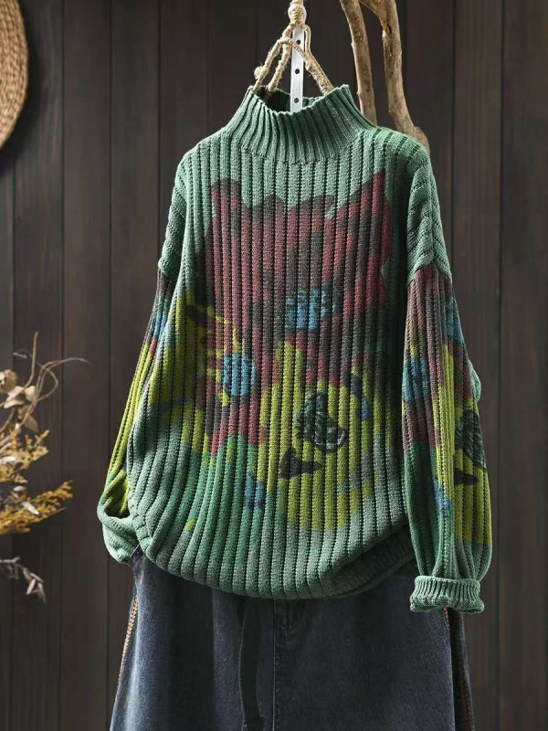 Pamukasti pleteni džemper slobodnog kroja s poluturtleneck ovratnikom, raglan rukavima, apstraktni uzorak