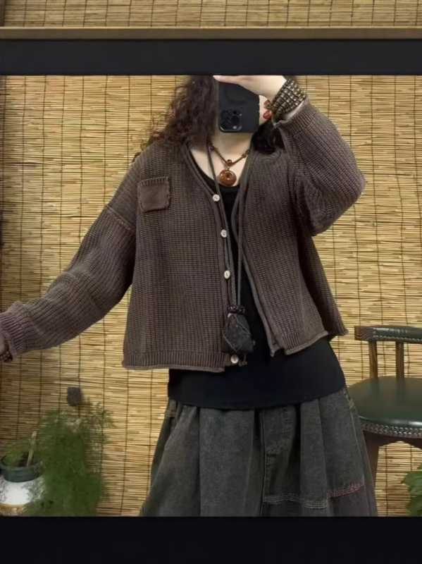 Pamučni kardigan s V-izrezom, slobodan kroj, dugi rukavi, retro stil