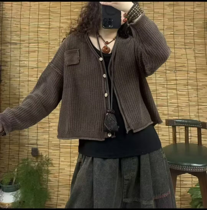 Pamučni kardigan s V-izrezom, slobodan kroj, dugi rukavi, retro stil
