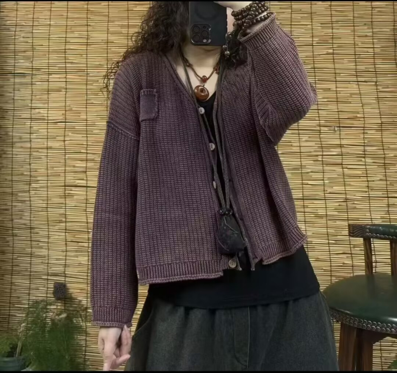 Pamučni kardigan s V-izrezom, slobodan kroj, dugi rukavi, retro stil