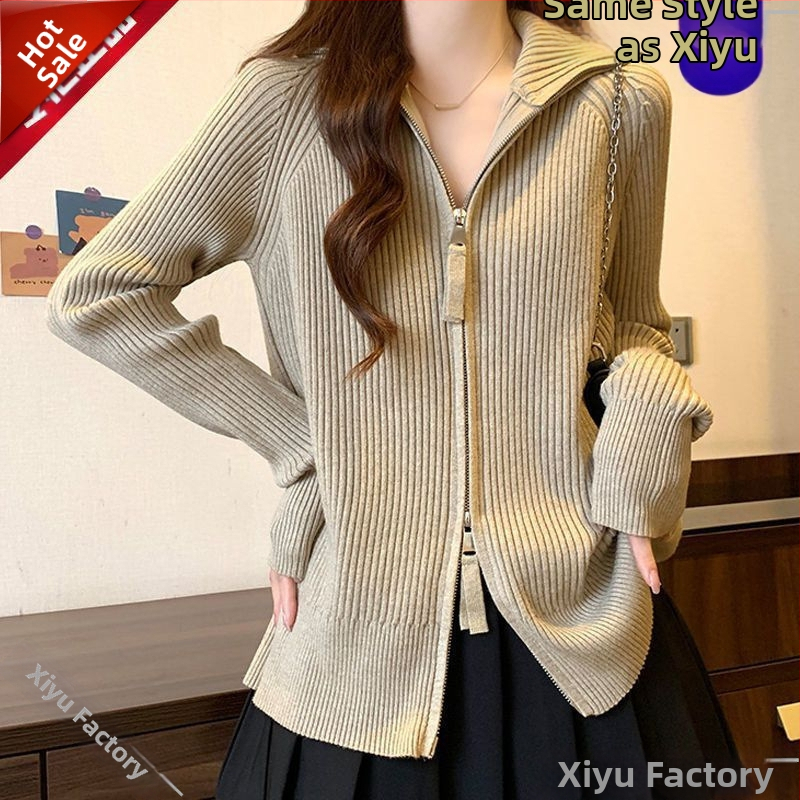 Dámsky Chenille pletený kardigan so zipsom, vysokým golierom, princezné rukávy, stredná dĺžka – jar 2025