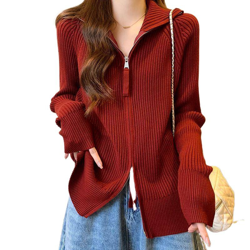 Sieviešu Chenille adītais kardigans ar rāvējslēdzēju, augstu apkakli, princeses piedurknēm, vidēja garuma – pavasaris 2025