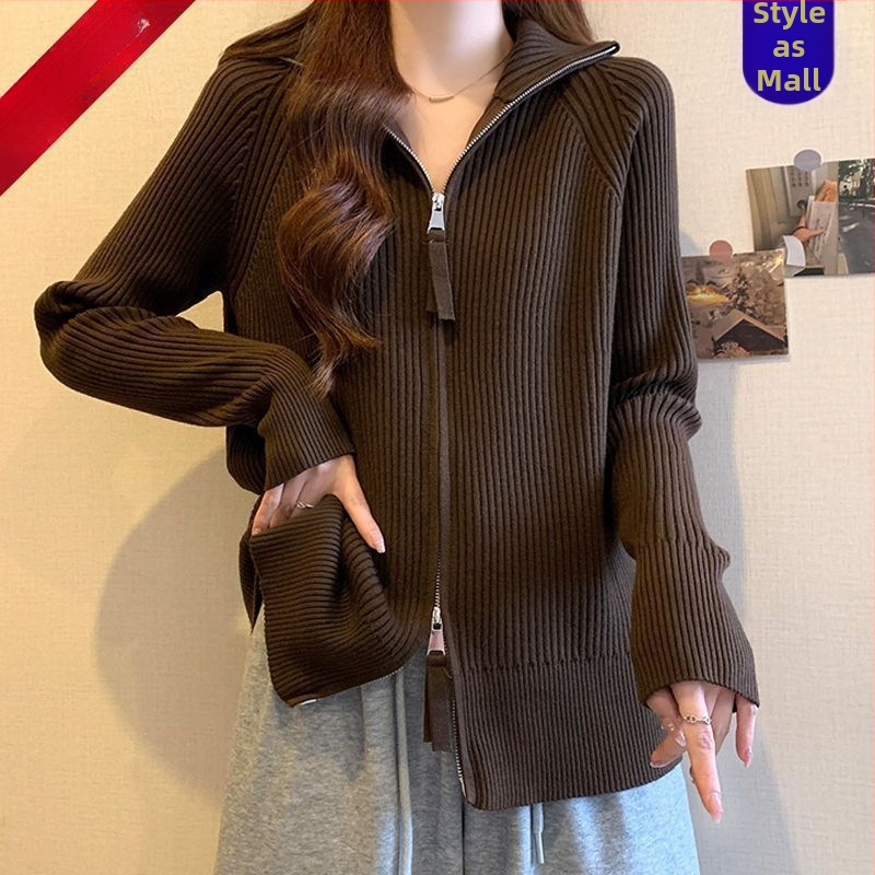 Sieviešu Chenille adītais kardigans ar rāvējslēdzēju, augstu apkakli, princeses piedurknēm, vidēja garuma – pavasaris 2025