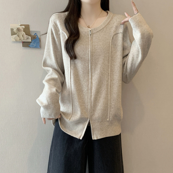 Plus Size Sieviešu Adītais Kardigans ar Rāvējslēdzēju, Apaļa Kakla, Brīvs Piegriezums, Akrilšķiedra, Rudens-Ziemas 2025