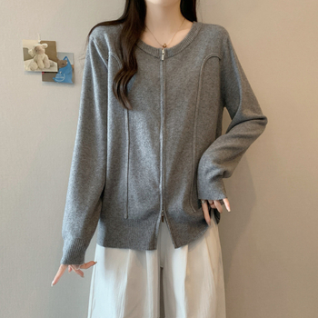 Plus Size Sieviešu Adītais Kardigans ar Rāvējslēdzēju, Apaļa Kakla, Brīvs Piegriezums, Akrilšķiedra, Rudens-Ziemas 2025