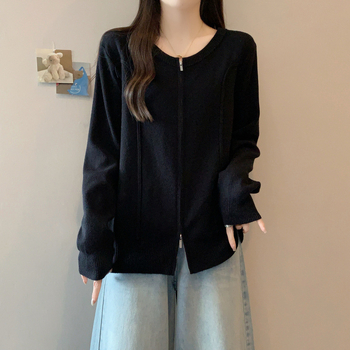 Plus Size Sieviešu Adītais Kardigans ar Rāvējslēdzēju, Apaļa Kakla, Brīvs Piegriezums, Akrilšķiedra, Rudens-Ziemas 2025