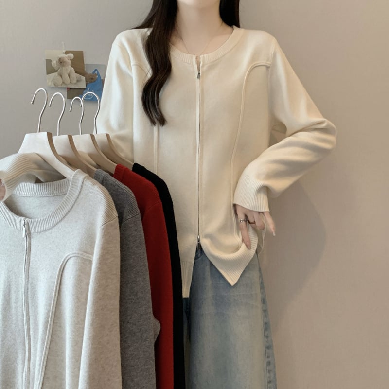 Plus Size Sieviešu Adītais Kardigans ar Rāvējslēdzēju, Apaļa Kakla, Brīvs Piegriezums, Akrilšķiedra, Rudens-Ziemas 2025