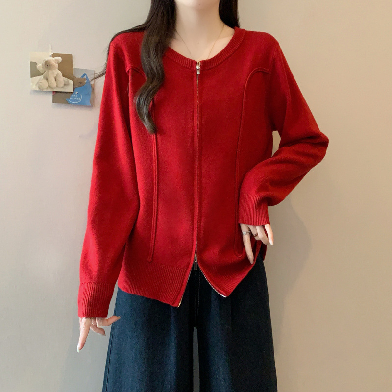 Plus Size Sieviešu Adītais Kardigans ar Rāvējslēdzēju, Apaļa Kakla, Brīvs Piegriezums, Akrilšķiedra, Rudens-Ziemas 2025