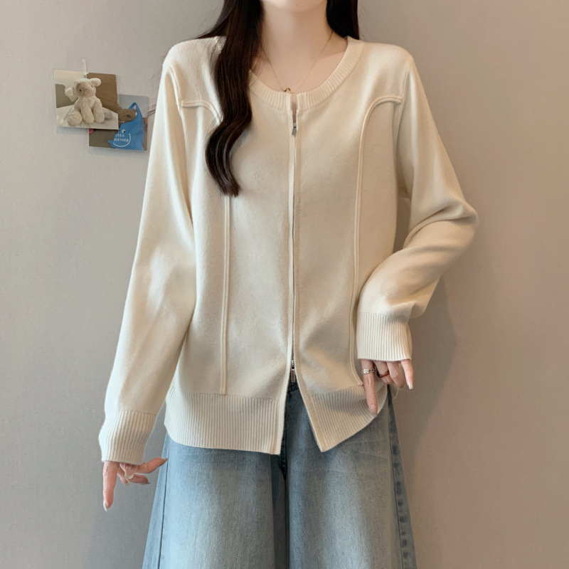 Plus Size Sieviešu Adītais Kardigans ar Rāvējslēdzēju, Apaļa Kakla, Brīvs Piegriezums, Akrilšķiedra, Rudens-Ziemas 2025