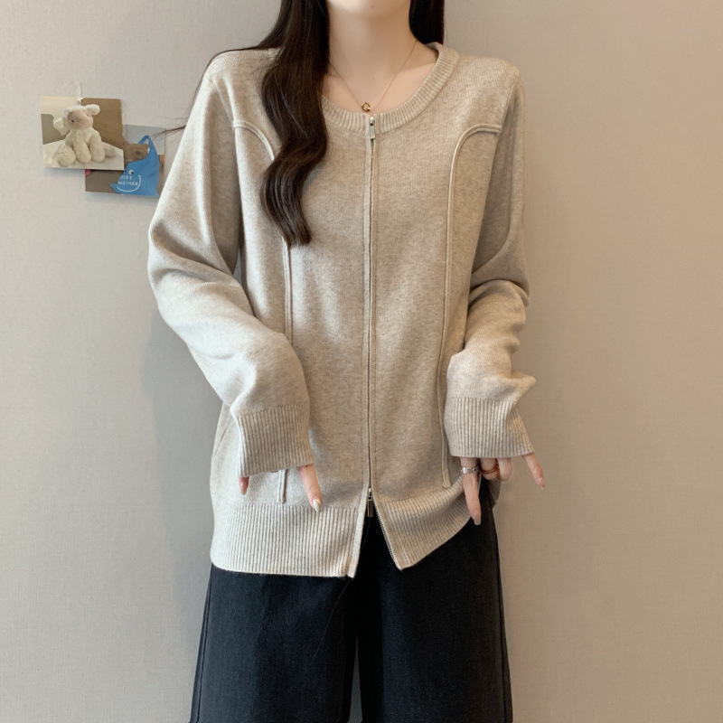 Plus Size Sieviešu Adītais Kardigans ar Rāvējslēdzēju, Apaļa Kakla, Brīvs Piegriezums, Akrilšķiedra, Rudens-Ziemas 2025