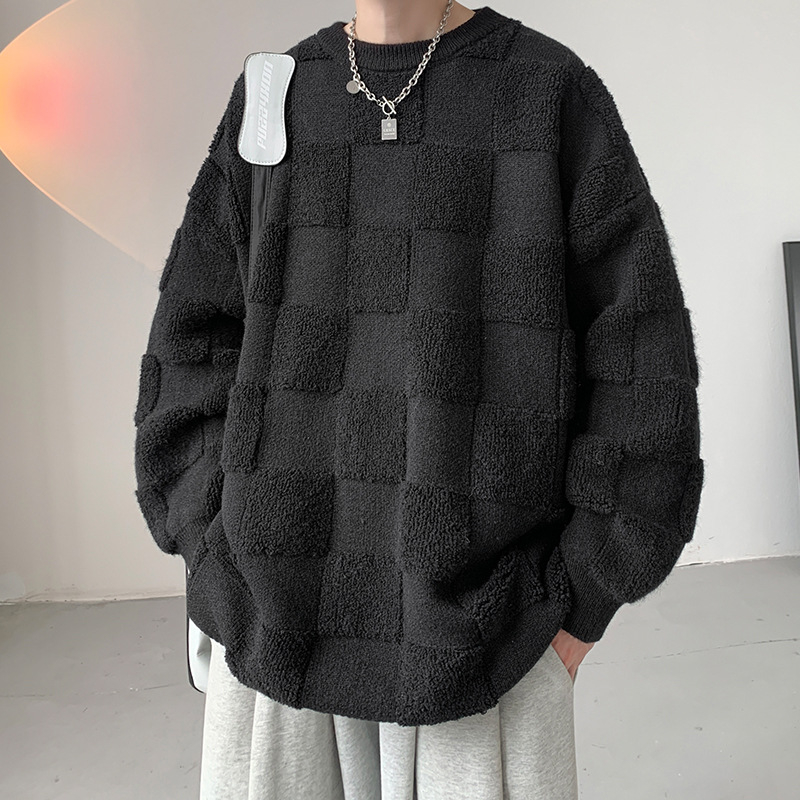 Muški oversize pleteni džemper s okruglim izrezom i detaljem šivanog ručnika u dizajnerskom stilu, zimski stil