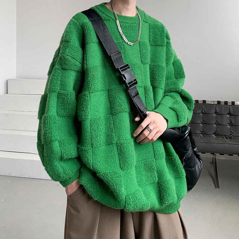 Muški oversize pleteni džemper s okruglim izrezom i detaljem šivanog ručnika u dizajnerskom stilu, zimski stil
