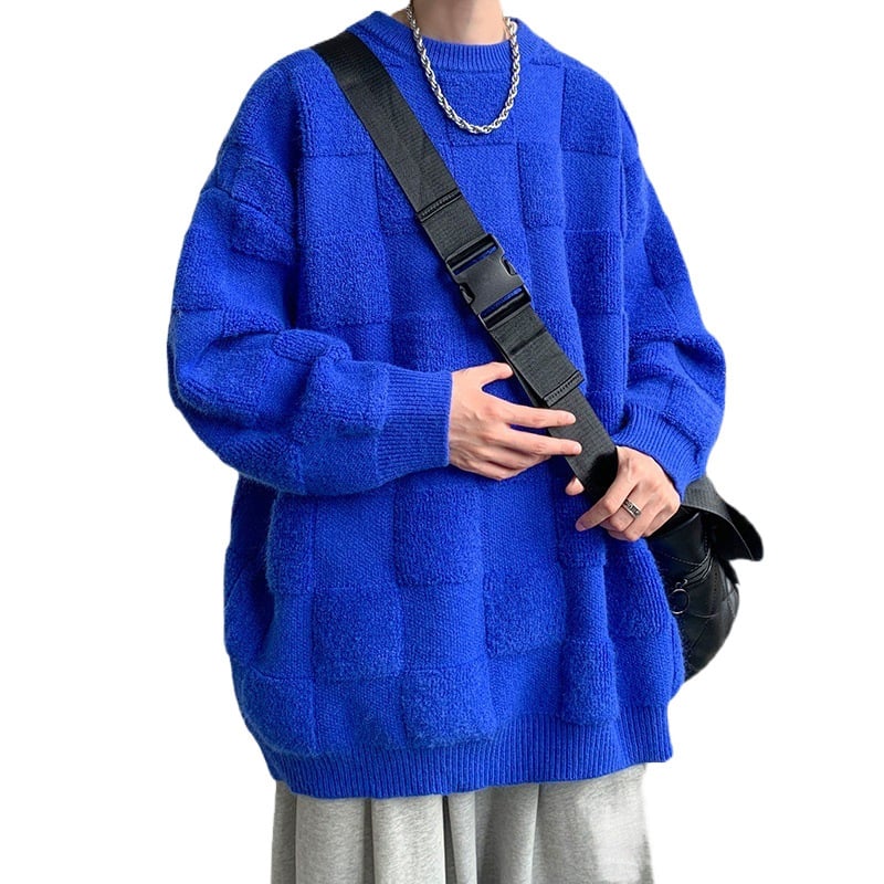 Muški oversize pleteni džemper s okruglim izrezom i detaljem šivanog ručnika u dizajnerskom stilu, zimski stil