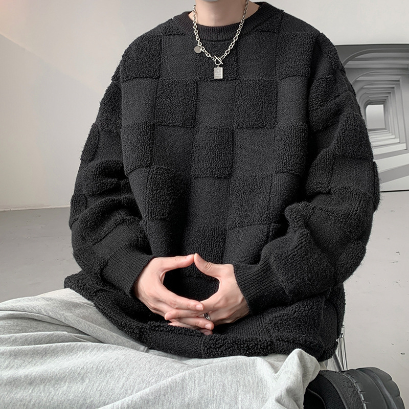 Muški oversize pleteni džemper s okruglim izrezom i detaljem šivanog ručnika u dizajnerskom stilu, zimski stil