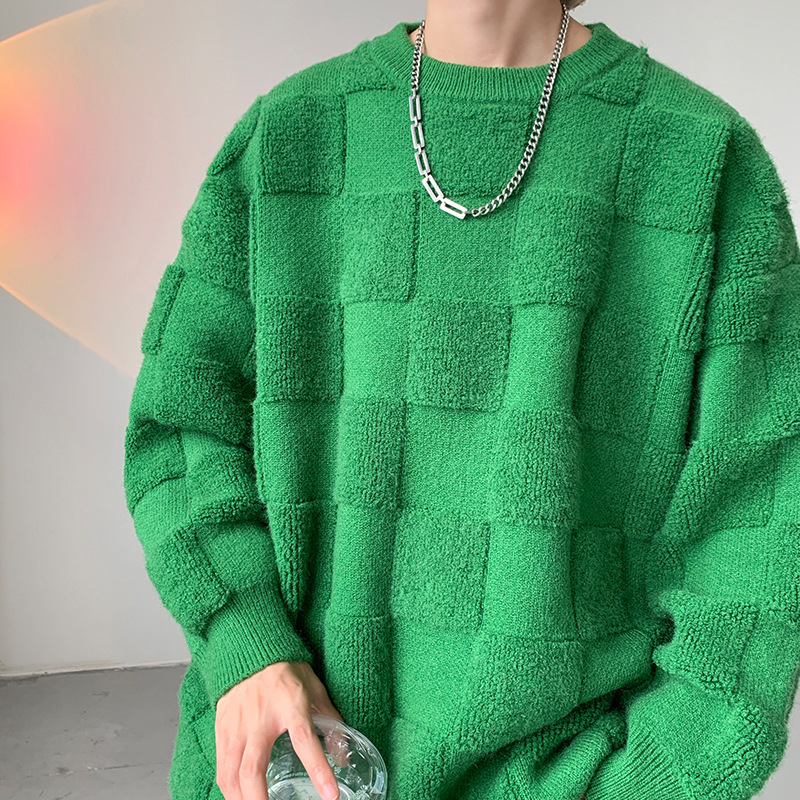 Muški oversize pleteni džemper s okruglim izrezom i detaljem šivanog ručnika u dizajnerskom stilu, zimski stil