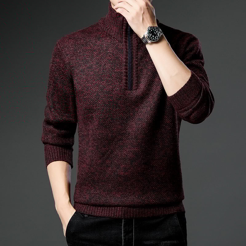 Slim fit adīta džemperis ar pusaugstu apkakli, flīsa oderējums, jacquard adījums, 100% poliesters