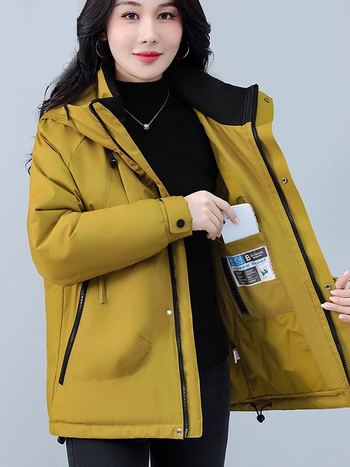 Γυναικείο μπουφάν με quilted επένδυση και κουκούλα, πολυεστέρας, ανθεκτικό στον άνεμο, φαρδιά γραμμή, φερμουάρ, Χειμώνας 2025