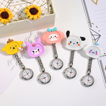 Часовник с карикатурна медицинска сестра за жени - аналогов дисплей с указатели, електронно движение, кръгъл циферблат, силиконов корпус, стоманена гривна