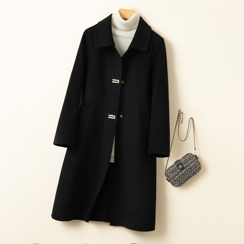 Γυναικείο παλτό από μαλλί με γιακά κούκλας, στενή γραμμή, μεσαίου μήκους, μακριά μανίκια, μονοκόμματο κούμπωμα