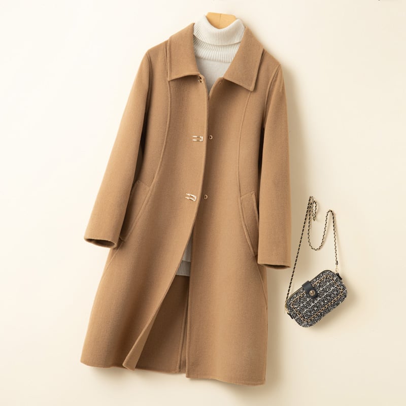 Γυναικείο παλτό από μαλλί με γιακά κούκλας, στενή γραμμή, μεσαίου μήκους, μακριά μανίκια, μονοκόμματο κούμπωμα
