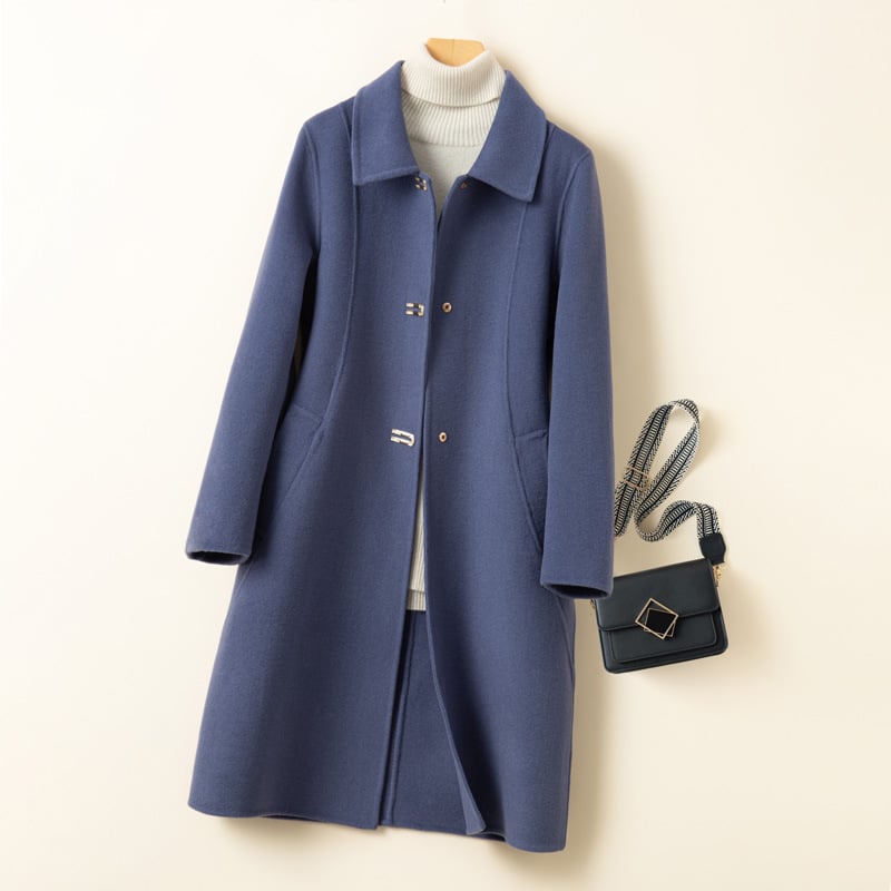 Γυναικείο παλτό από μαλλί με γιακά κούκλας, στενή γραμμή, μεσαίου μήκους, μακριά μανίκια, μονοκόμματο κούμπωμα