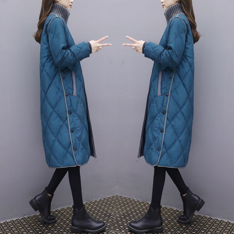 Moteriškas ilgas medvilninis šiltintas paltas, laisvas kirpimas, ilgos rankovės, miesto stilius