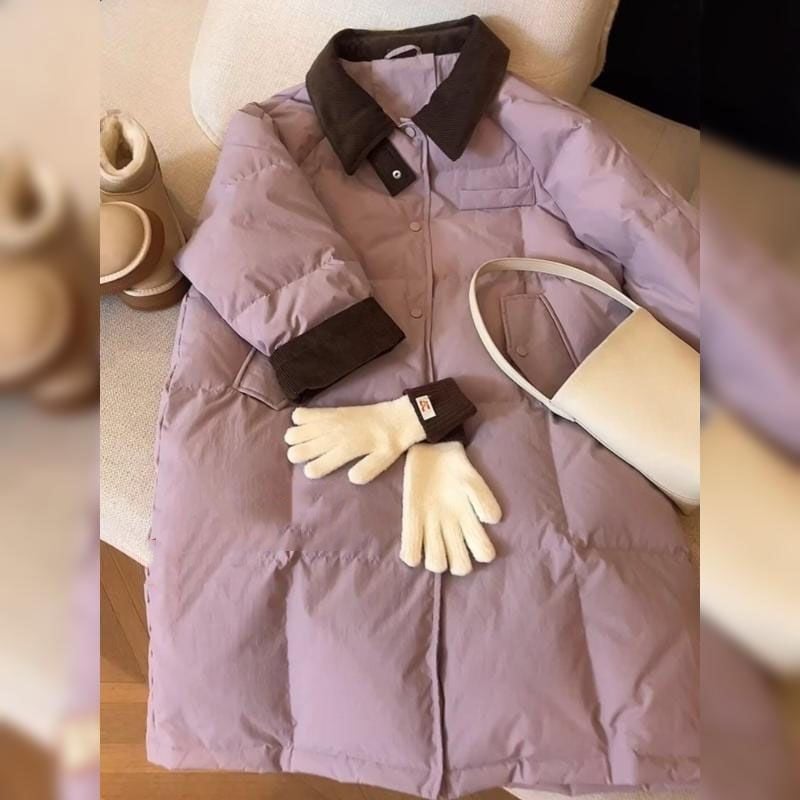 Moteriška Corduroy patchwork striukė su apykakle, storu pūko užpildas, ilga iki kelių, žiemai