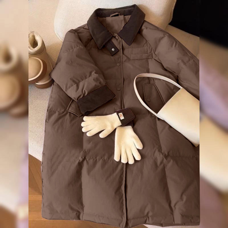 Corduroy patchwork női kabát gallérrel, vastag töltettel, hosszú, térd fölötti téli kabát