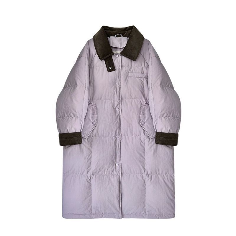 Corduroy patchwork női kabát gallérrel, vastag töltettel, hosszú, térd fölötti téli kabát