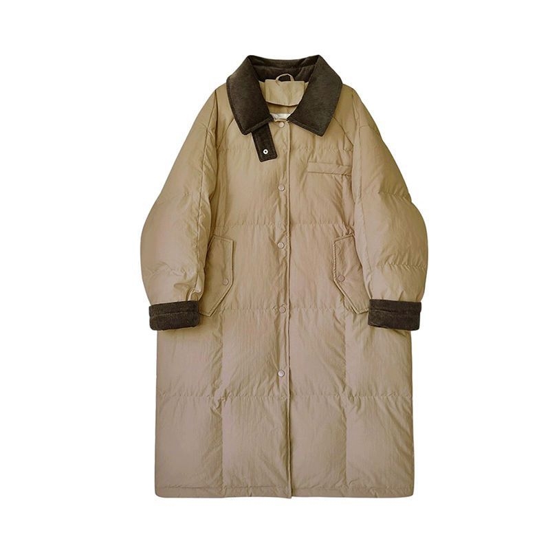 Corduroy patchwork női kabát gallérrel, vastag töltettel, hosszú, térd fölötti téli kabát