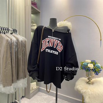 Hanorac de damă cu glugă și text, croială lejeră, mâneci lungi, lungime medie, material bumbac-poliester