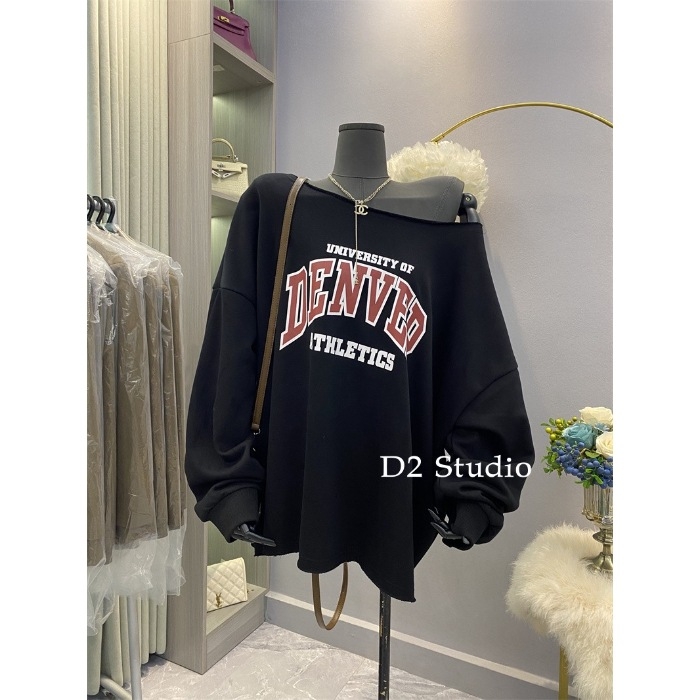 Hanorac de damă cu glugă și text, croială lejeră, mâneci lungi, lungime medie, material bumbac-poliester