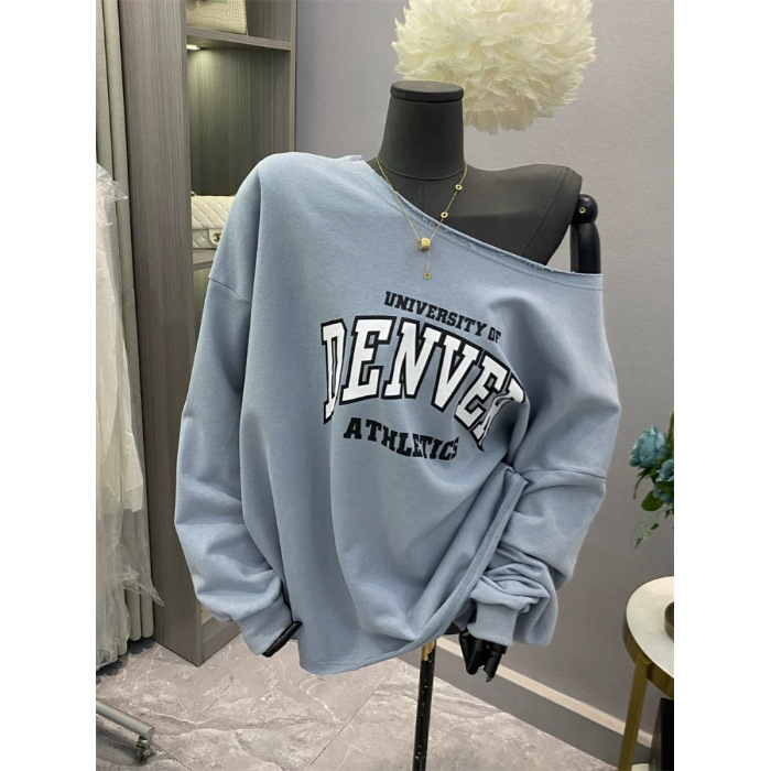 Hanorac de damă cu glugă și text, croială lejeră, mâneci lungi, lungime medie, material bumbac-poliester