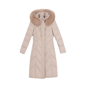 Moteriškos ilgos pūkuotos striukė su dirbtinio kailio apykakle, užtrauktukas priekyje, išorinis poliesteris 95%+