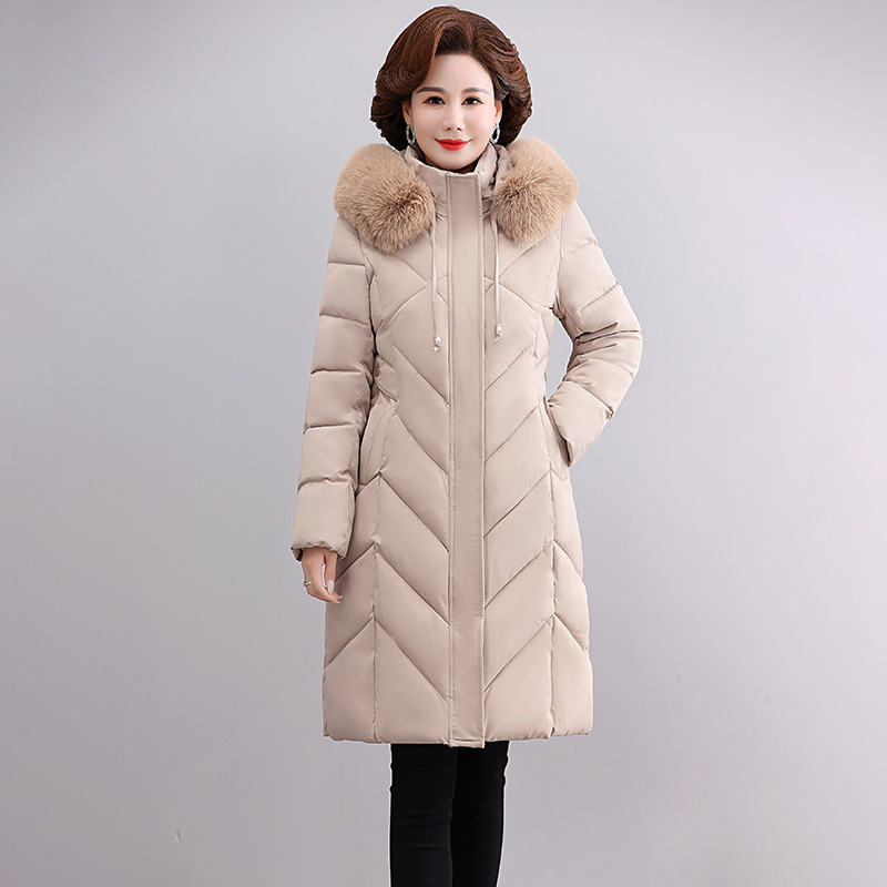 Moteriškos ilgos pūkuotos striukė su dirbtinio kailio apykakle, užtrauktukas priekyje, išorinis poliesteris 95%+