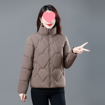 Moteriška medvilninė pūkų striukė – korėjietiško stiliaus, ilgomis rankovėmis, stovinti apykaklė, užsegimas vienu mygtuku, vidutinio storio, vientisas modelis