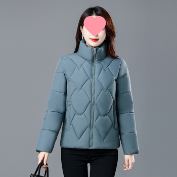 Moteriška medvilninė pūkų striukė – korėjietiško stiliaus, ilgomis rankovėmis, stovinti apykaklė, užsegimas vienu mygtuku, vidutinio storio, vientisas modelis