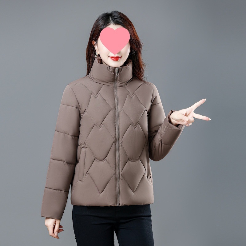 Moteriška medvilninė pūkų striukė – korėjietiško stiliaus, ilgomis rankovėmis, stovinti apykaklė, užsegimas vienu mygtuku, vidutinio storio, vientisas modelis